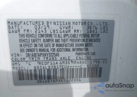 2019 Nissan Sentra Sv из США, поврежденный, VIN 3N1AB7APXKY322546